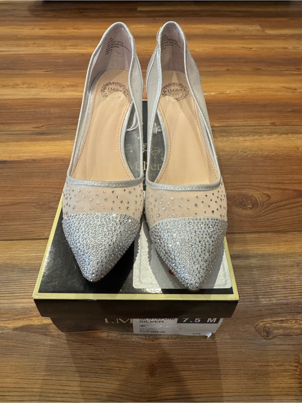 I. Miller “Stefoni” Silver Crystal-Embellished Pointed Kitten Heels